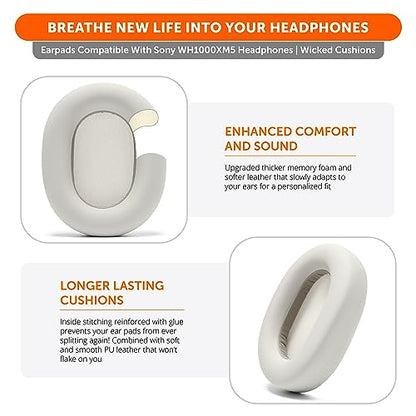 WC PadZ XM5 - Premium Replacement Earpads Compatible with Sony WH-1000XM5 | Made by Wicked Cushions | Soft PU Leather, Extra Thick, Noise-Isolating Memory Foam | Silver - color: Silver