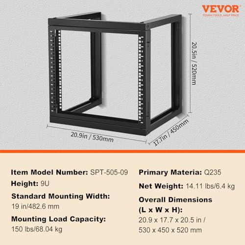 VEVOR 9U Server Rack, Wall Mount Network Rack for 19 Inch IT & AV Equipment, Open Frame 18" Deep 150 lbs Max Load Capacity - size: 9U-1
