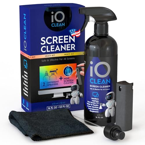 Screen Cleaner Spray (16oz + mini Cleaner) – Best Large Cleaning Kit for | LCD LED OLED TV, Smartphone, iPad, Laptop, Touchscreen, Computer Monitor, Electronic Devices, Microfiber Cloth and 2 Nozzles - size: 16 Fl Oz + 0.3 Fl Oz
