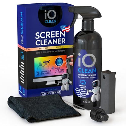 Screen Cleaner Spray (16oz + mini Cleaner) – Best Large Cleaning Kit for | LCD LED OLED TV, Smartphone, iPad, Laptop, Touchscreen, Computer Monitor, Electronic Devices, Microfiber Cloth and 2 Nozzles - size: 16 Fl Oz + 0.3 Fl Oz