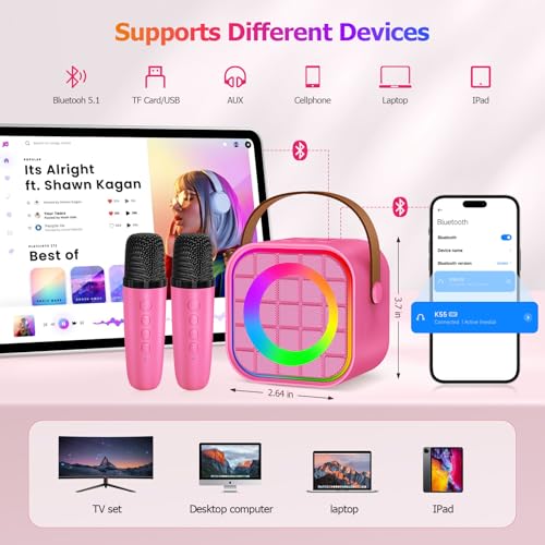 Mini Karaoke Machine for Kids with 2 ireless Microphones - color: Rose Red