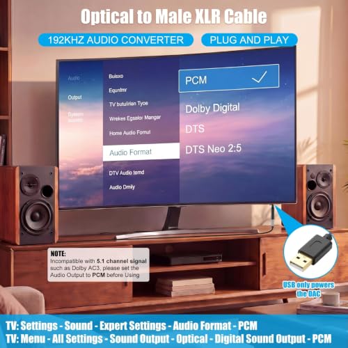 192KHz DAC Optical to XLR Converter, 3.3 Ft Optical Cable to Unbalanced Male XLR Audio Cord Adapter, Digital to Analog Audio Converter for HDTV, DVD, Set-Top Boxes