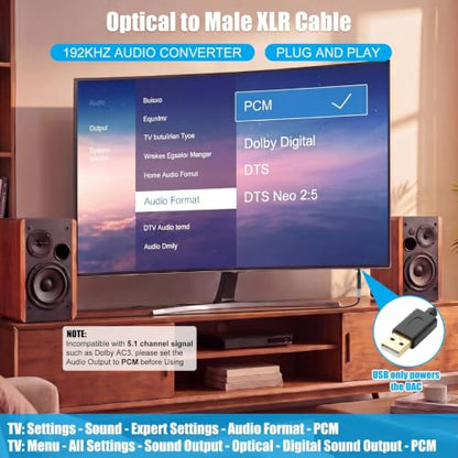 192KHz DAC Optical to XLR Converter, 3.3 Ft Optical Cable to Unbalanced Male XLR Audio Cord Adapter, Digital to Analog Audio Converter for HDTV, DVD, Set-Top Boxes