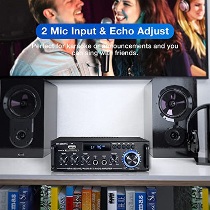 298Pro Stereo Audio Amplifier, MIC in w/Echo, Bass & Treble w/USB/RCA/FM | Max 400W Home 2 Channel Bluetooth 5.0 Wireless Power Amplifier, HiFi Sound Home Theater Audio System Home Stereo Receiver - style: MAX 400Wx2