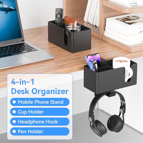 Desk Cup Holder Clamp with Headphone Hanger and Storage Tray | Clamp on design, rotating headphone hanger, detachable storage tray, cable holes, fits 5-50mm desks - color: Black
