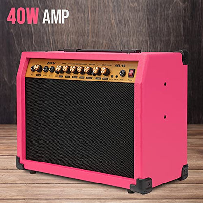 LyxPro 40 Watt Electric Guitar Amplifier | Combo Solid State Studio Amp with 8” 4-Ohm Speaker, Custom EQ Controls, Drive, Delay, ¼” Passive/Active/Microphone Inputs, Aux In & Headphone Jack - Pink - color: Pink, size: 40 Watt