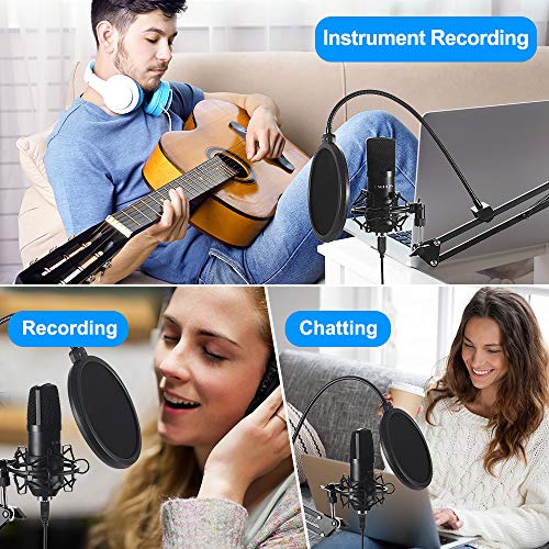 USB Streaming Podcast PC Microphone: Professional Computer Mic 192kHz/24bit Studio Cardioid Condenser Mic Kit with Sound Card Boom Arm Shock Mount Pop Filter, for Skype