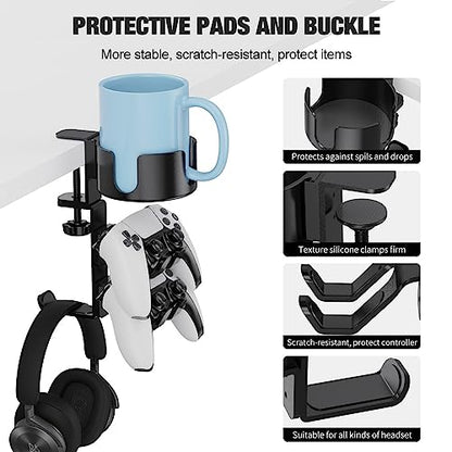 360° Rotating Desk Cup Holder with Headset Hanger | Controller Headphone Holder with Adjustable Headset Hanger Stand, Gaming Pc Accessories