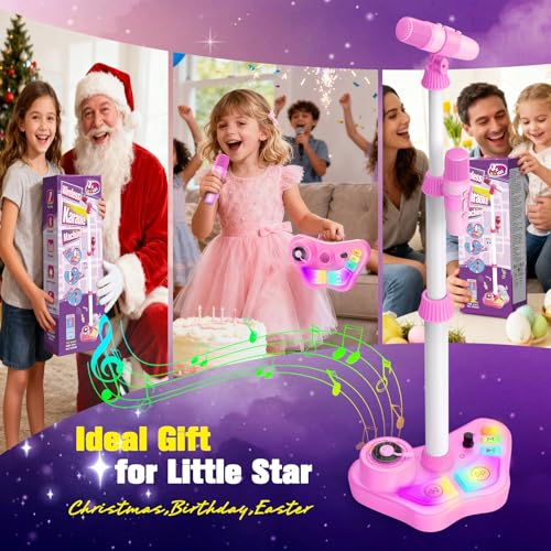 Kids Stand Karaoke Machine Toys for 3 4 5 6 7 8 Year Old Girls Gift, Kid Rechargeable Microphone Toddler Birthday Gift Singing Toy for Girl Ages 3-5 4-6, Portable Bluetooth Speaker with 2 Mics - color: Pink