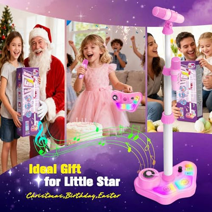 Kids Stand Karaoke Machine Toys for 3 4 5 6 7 8 Year Old Girls Gift, Kid Rechargeable Microphone Toddler Birthday Gift Singing Toy for Girl Ages 3-5 4-6, Portable Bluetooth Speaker with 2 Mics - color: Pink