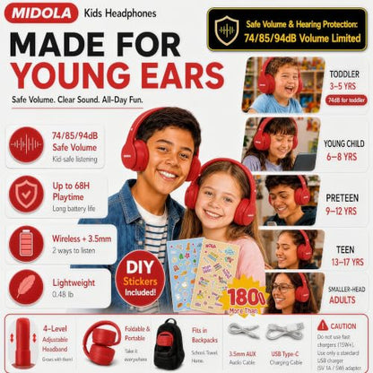 MIDOLA Kids Headphones Bluetooth 5.3 Wireless 60H Play Time Volume Limit 85/110dB Over Ear Foldable Protection Headset/Wired AUX Cord Mic for Children Boy Girl Travel School Phone Pad Tablet Red | Adjustable Headband Foldable Over-Ear Lightweight Headsets