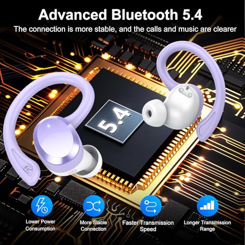 Wireless Earbuds, Bluetooth Earbuds, Bluetooth 5.4 Headphones 68hrs Playtime Sport Earphones with LED Display ENC Noise Cancelling Mic, IPX7 Waterproof Over Ear Ear Buds with Hook for Gym/Workout - color: Dreamy Purple