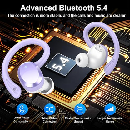 Wireless Earbuds, Bluetooth Earbuds, Bluetooth 5.4 Headphones 68hrs Playtime Sport Earphones with LED Display ENC Noise Cancelling Mic, IPX7 Waterproof Over Ear Ear Buds with Hook for Gym/Workout - color: Dreamy Purple