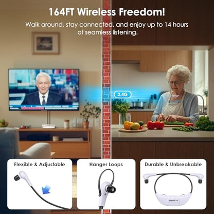SIMOLIO TV Headphones Wireless for Seniors, Headset for Elderly SM-823D Pro | Loud & Clear Voice, L/R Balance & Tone Control, OPT By-pass to Soundbar, 14 Hrs Rechargeable Battery, Ambient Mode, 50M Range