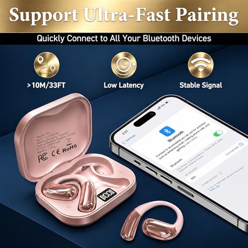 Open Ear Headphones, Wireless Headphones with Smart Digital Display & Mic | (Rose Gold) Open Ear Earbuds 35H Playtime, Sweat Resistant & Waterproof, Secure Comfortable Fit - Running, Sport, Driving - color: Rose Gold