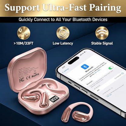 Open Ear Headphones, Wireless Headphones with Smart Digital Display & Mic | (Rose Gold) Open Ear Earbuds 35H Playtime, Sweat Resistant & Waterproof, Secure Comfortable Fit - Running, Sport, Driving - color: Rose Gold