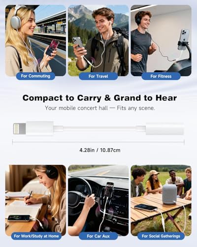 3-Pack Lightning to 3.5mm Adapter, MFi Certified Hi-Fi DAC Audio Dongle | Premium copper core for lossless transmission. Supports 24-bit/48kHz output.Ideal for car AUX,gym,travel&office.Plug and play
