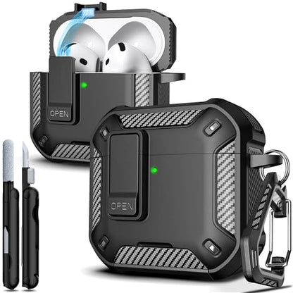 for AirPods 4 Case with Lock Magnetic Lid MagSafe, Black | Compatible with Apple AirPods 4th Generation Protective Case with Cleaner Kit & Carabiner, Powerful Drop Protection - color: A-FK-Black, size: Airpods 4th Generation