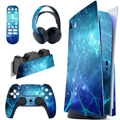 PlayVital Blue Nebula Full Set Skin Decal for ps5 Console Disc Edition, Sticker Vinyl Decal Cover for ps5 Controller & Charging Station & Headset & Media Remote - color: Blue Nebula