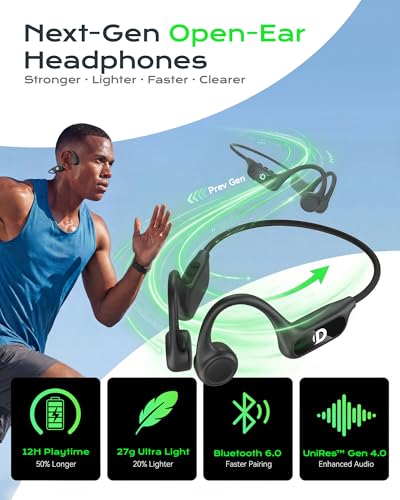 DEMICEA Open Ear Bone Conduction Headphones for Running - Bluetooth 6.0 Wireless Sport Earphones, Up to 12H Playtime, IP54, Built-in Mic, Secure Fit - color: Matte Black