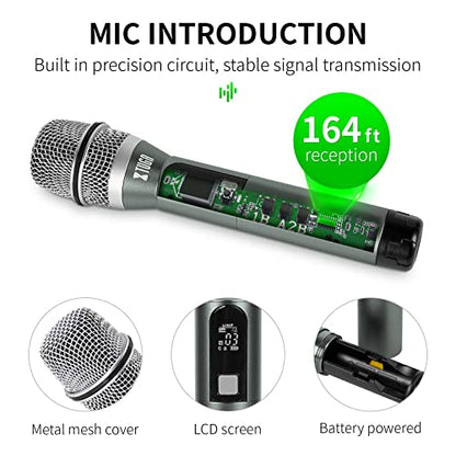 XTUGA UHF Wireless Microphone System,4 Channel Metal Handheld Mics(UF4600) | Plug and Play,164ft Coverage Range,Auto Sync Setup,Cordless Mics Set for Karaoke/Church/Party/Outdoor Events/Public Speaking