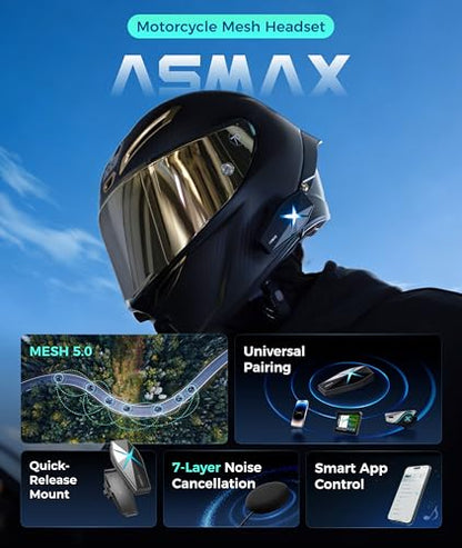 ASMX F1s Motorcycle Bluetooth Headset with Smart Voice Control, 10 Riders Mesh Helmet Communication Systems, ENC/APP FOTA/Audio Multitasking/No-Magnet Mount, 5mi Intercom for Snowmobile/ATV, 2 Pack - color: F1s Gray-2 Pack