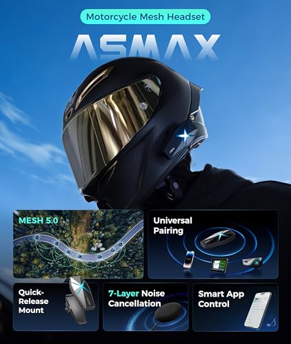 ASMAX F1s Motorcycle Bluetooth Headset with Smart Voice Control, 2 Pack | 10-Rider Mesh Helmet Intercom, ENC Noise Cancellation, APP OTA, IP67 Waterproof, 5mi Long-Range Communication, Snowmobile/Ski - color: F1s Black-2 Pack