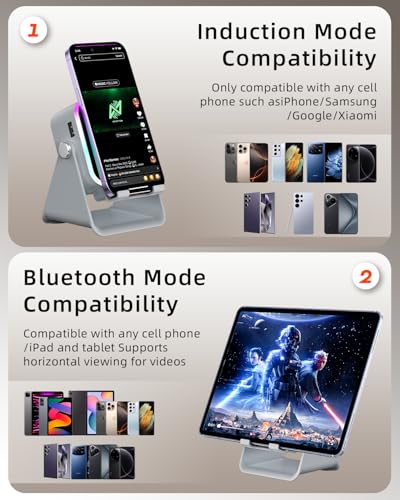Induction Speaker 5-in-1 Bluetooth Audio for iPhone Android with Phone Stand | Adjustable Desktop Phone Holder with Charger & RGB Light, Cool Tech Gadgets Gifts for Men Women Teens Gray