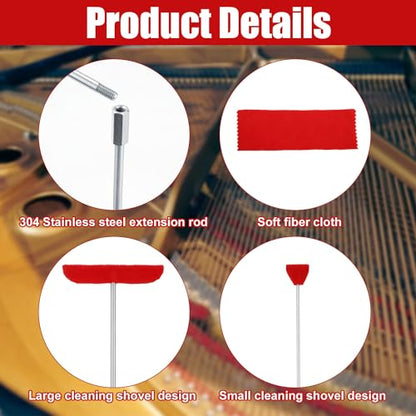 4pcs Grand Piano Soundboard Cleaning Tools, Big & Small Brush Head Cleaning Tool with Extension Rod and Soft Fiber Cloth Piano Cleaning Kit Piano Soundboard Cleaner | Tool with Extension Rod and Soft Fiber Cloth Piano Cleaning Kit Piano Soundboard Cleaner