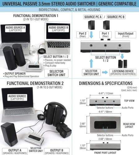 3.5mm Audio Switch, 2 in 1 Out & 1 in 2 Out Audio Selector Switch, Stereo Speaker Switch Box for PC, Laptop, Headphones and Speakers