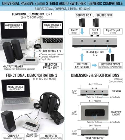 3.5mm Audio Switch, 2 in 1 Out & 1 in 2 Out Audio Selector Switch, Stereo Speaker Switch Box for PC, Laptop, Headphones and Speakers