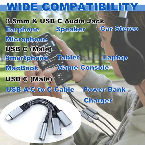 2 Pcs 3-in-1 USB-C to 3.5mm Headphone and Charger Adapter, Dual Type C Aux Splitter for iPhone 15/16 Pro/Max/Plus, Samsung Galaxy S22/S23/S24 Ultra, Huawei Mate 40/30/20