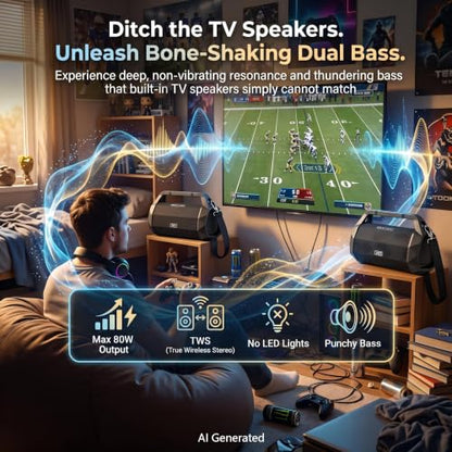 80W Jobsite Bluetooth Speaker, IP66 Waterproof/Dustproof | 25-Hour Playtime, Shockproof & Distraction-Free Design, for Construction, Garage, Workshop, Goat Yoga