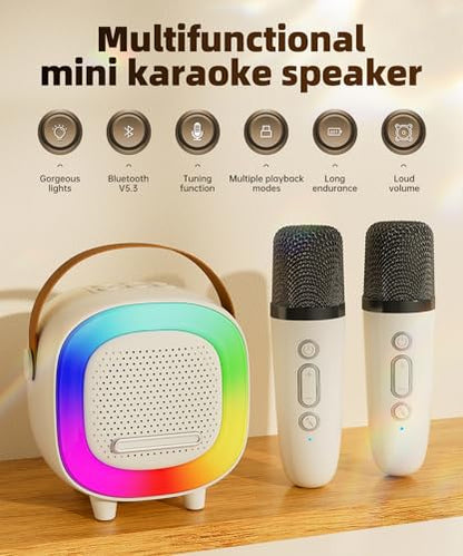Kids Karaoke Machine Ages 3-12, Mini Wireless Microphones Bluetooth Speaker | LED Party Lights, Voice Changer, Duets, BT 5.3, Rechargeable Portable, Birthday Christmas Toys & Gifts for Boys & Girls - color: Off-White - 1 Mic