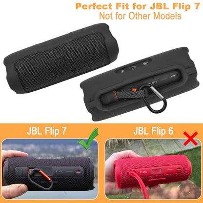 Silicone Case Compatible with JBL Flip 7 Speaker, Shockproof Protective Cover Soft Skin Silicone Cover with Shoulder Strap and Hook and Loop Straps for Bike Golf Cart Rail Mounting (Black) - color: Black