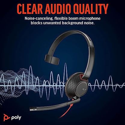 Poly Blackwire 5210 Wired Headset (Plantronics) - Flexible Noise-Canceling Boom Mic – Single-Ear Design - Connect to PC/Mac, Mobile via USB-C, USB-A, or 3.5 mm - Works w/Teams, Zoom - Amazon Exclusive - style: 2023 Version - Bulk Packaging