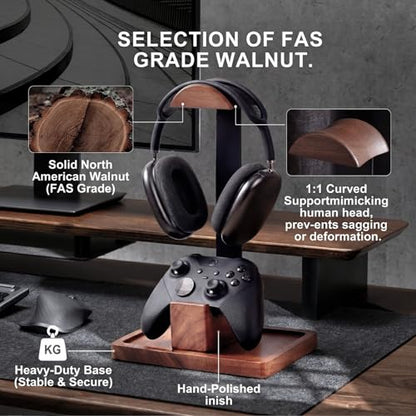 Headset Stand with Gaming Controller Holder, Wood Stand