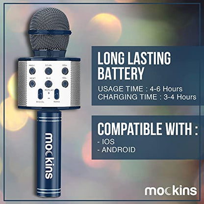 Mockins Navy Bluetooth Karaoke Microphone for Kids with Built in Bluetooth Speaker| Wireless Microphone Karaoke Compatible with iOS & Android| All-in-One Mic - color: Navy