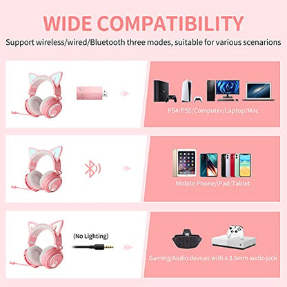 SOMIC Cat Ear Headphones, 2.4G/Bluetooth Wireless Gaming Headset for PS5, PS4, PC with RGB Lights and Retractable Mic, 10Hrs Playtime, 7.1 Surround Sound for Laptop, Smartphone-GS510 Pro - Pink - size: 2.4G+Bluetooth+Wired