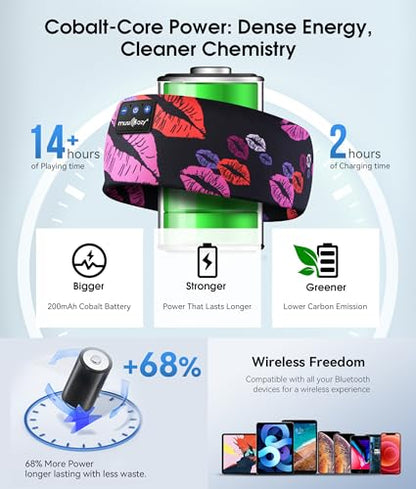 MUSICOZY Bluetooth 5.4 Sleep Headphones Headband Sports Wireless Audio | Earbuds 2 in 1 Design with Breathable Stretch Fabric, HD Stereo Sound Speakers for Workout Yoga Running, Nighttime Sleep Use - color: Rainbow Lip