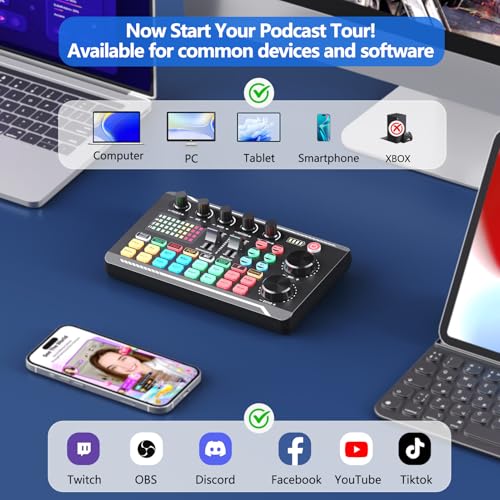 SINWE Live Sound Card Audio Mixer,Podcast Production Studio Equipment | Podcast Audio Interface with DJ Mixer Effects and Voice Changer，Prefect for Live Streaming/Podcasting/Gaming/singing