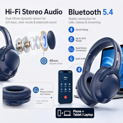 Bluetooth Headphones Wireless 68H with Mic,Decent Sound-Acceptable Blue | Adjustable Headband Foldable Over-Ear Lightweight for Office/Travel/Tablet/iPad/Laptop,HD Stereo Sound,Aux 3.5mm,D-Blue - color: Blue