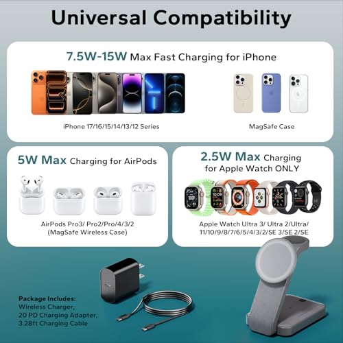 Eazpower 3 in 1 Foldable Wireless Charging Station for MagSafe, Nightstand Magnetic Charger Stand for iPhone 17 16 15 14 Pro Max, Travel Charging Dock with Night Light for Apple Watch/AirPods (Gray) - color: Gray