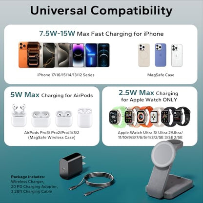 Eazpower 3 in 1 Foldable Wireless Charging Station for MagSafe, Nightstand Magnetic Charger Stand for iPhone 17 16 15 14 Pro Max, Travel Charging Dock with Night Light for Apple Watch/AirPods (Gray) - color: Gray