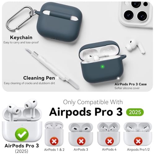 for AirPods Pro 3 Case 2025,Come with Cleaner Kit,Grey | Silicone Protective Cover for Airpod Pro 3rd Generation Case with Keychain,for Women Men,One-Piece Design,Shockproof - color: Grey