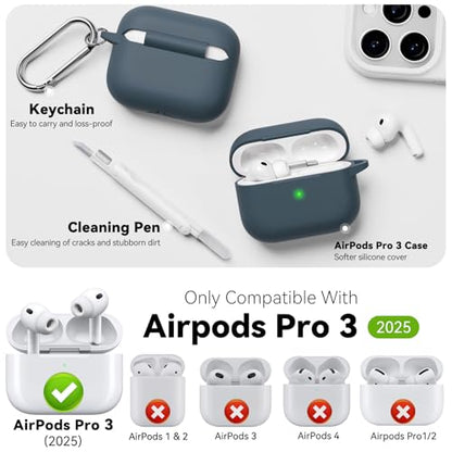 for AirPods Pro 3 Case 2025,Come with Cleaner Kit,Grey | Silicone Protective Cover for Airpod Pro 3rd Generation Case with Keychain,for Women Men,One-Piece Design,Shockproof - color: Grey