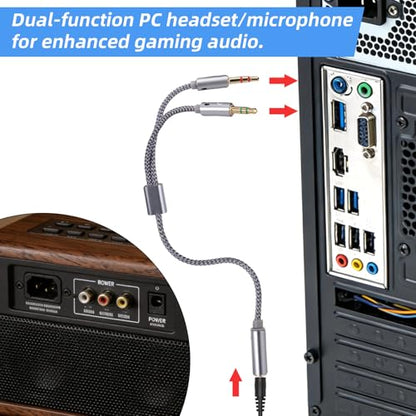 2pcs 2-in-1 Headphone & Microphone Splitter Cable, 3.5mm/0.14in Female to Dual 3.5mm/0.14in Male Audio Adapter Y-Splitter for Gaming Headset PC Laptop Computer Speaker (Gray)
