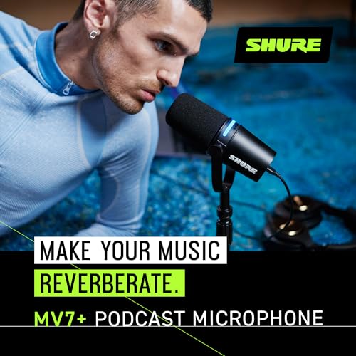 Shure MV7+ USB-C & XLR Podcast Dynamic Mic with Stand - Black | OBS-certified USB-C and XLR dynamic mic with stand, LED touch panel, auto level and pop filter for podcasting