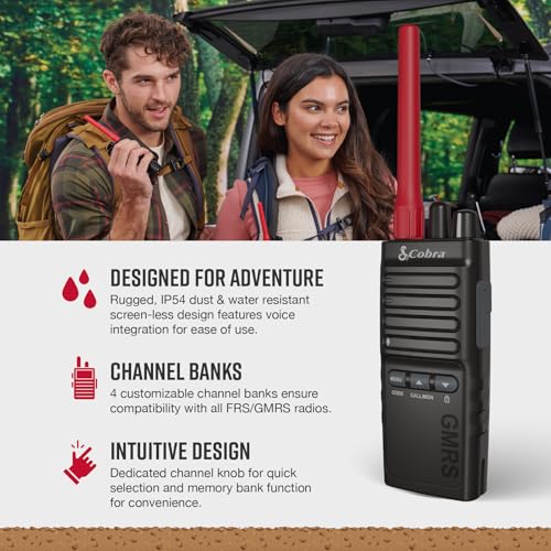 Cobra Trailblazer 500 GMRS Radio (2-Pack), IP54 Rugged No-Display Design | 2.5W Long Range Walkie Talkies, 16hr Battery, Swivel Holster, Programmable Software, Removable Antenna, Repeater Compatible