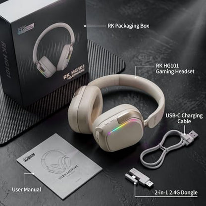 RK Royal Kludge HG101 Wireless Gaming Headset, 7.1 Surround Sound, Stereo Wired Headphones with Retractable Mic, Bluetooth5.3, RGB, Memory Foam Ear Pads, Works with PC, PS4, PS5, Switch, Platinum Grey - color: Platinum Grey
